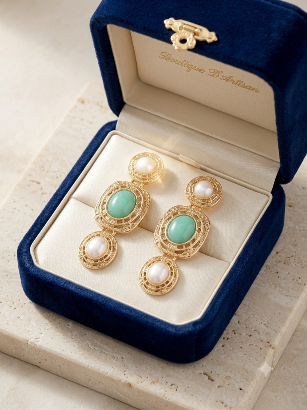 Gold Drop Earrings with Green Stone and Pearl Accents